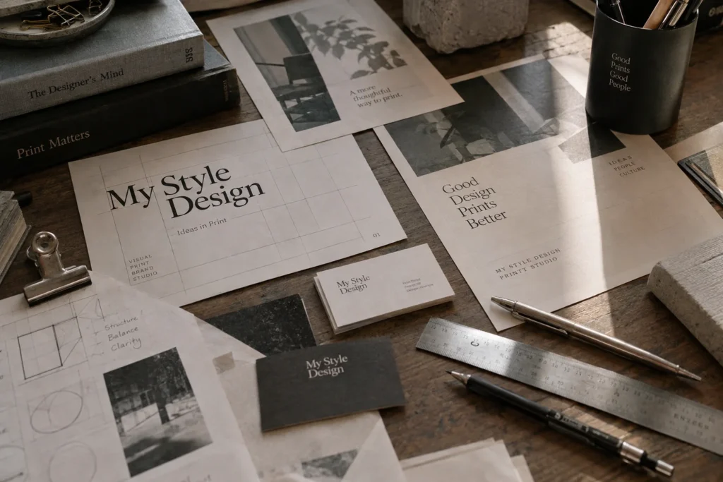 My Style Designにおける名刺デザインの設計スケッチとグリッドレイアウトの試作プロセス